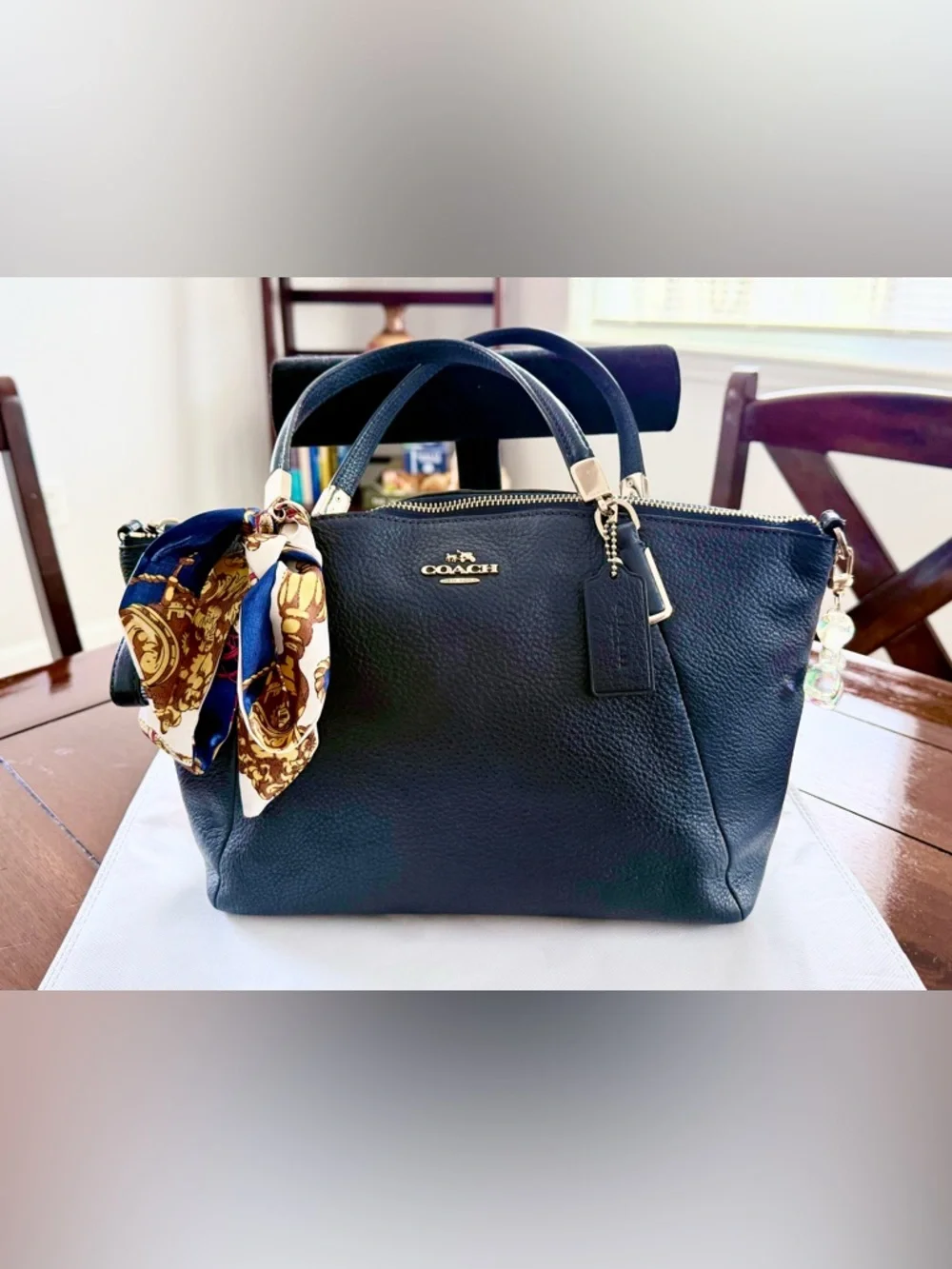Coach Black Pebbled Leather Satchel with Gold Hardware and Decorative Scarf